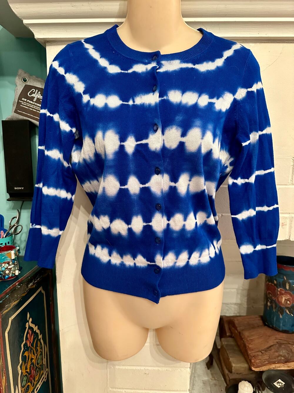 NWT TIE DYE STRIPED RAYON BLEND CARDIGAN 3/4 SLEEVE SWEATER S